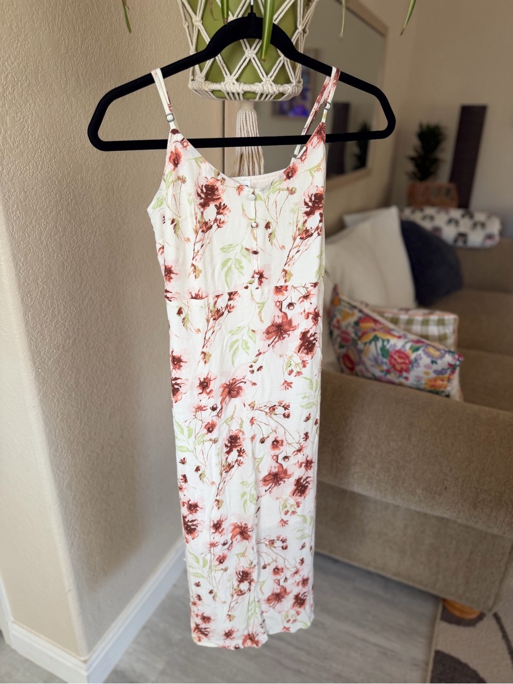 Girls BP White Maxi Dress with Rust Floral Print and Light Green Leaves